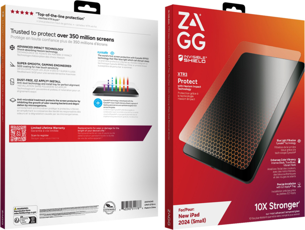 The ZAGG InvisibleShield Glass XTR3 Screen Protector features blue light filtration and offers strong, advanced screen protection constructed with planet-friendly materials.