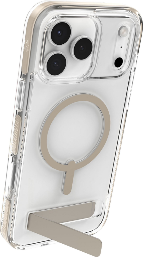 The ZAGG Santa Cruz Snap is a transparent case with pops of color that accent its design. It offers 13-foot drop protection, a sturdy kickstand that folds flush with the case, and is MagSafe compatible.