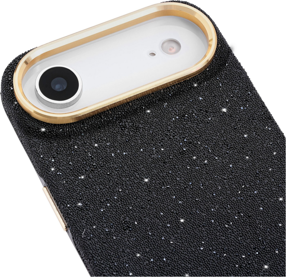 The kate spade new york Crystal Pavé Case is a stylish phone case featuring a black crystal pavé inlay with gold hardware, provides 12-foot drop protection and offers MagSafe compatibility.