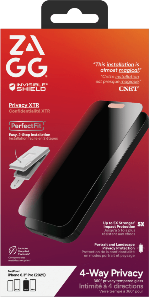 ZAGG 200118665 Protection D'écran de Confidentialité InvisibleShield Glass XTR 4 Voies pour iPhone 17 Pro