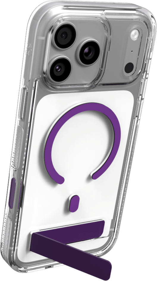 The ZAGG Santa Cruz Snap is a transparent case with pops of color that accent its design. It offers 13-foot drop protection, a sturdy kickstand that folds flush with the case, and is MagSafe compatible.