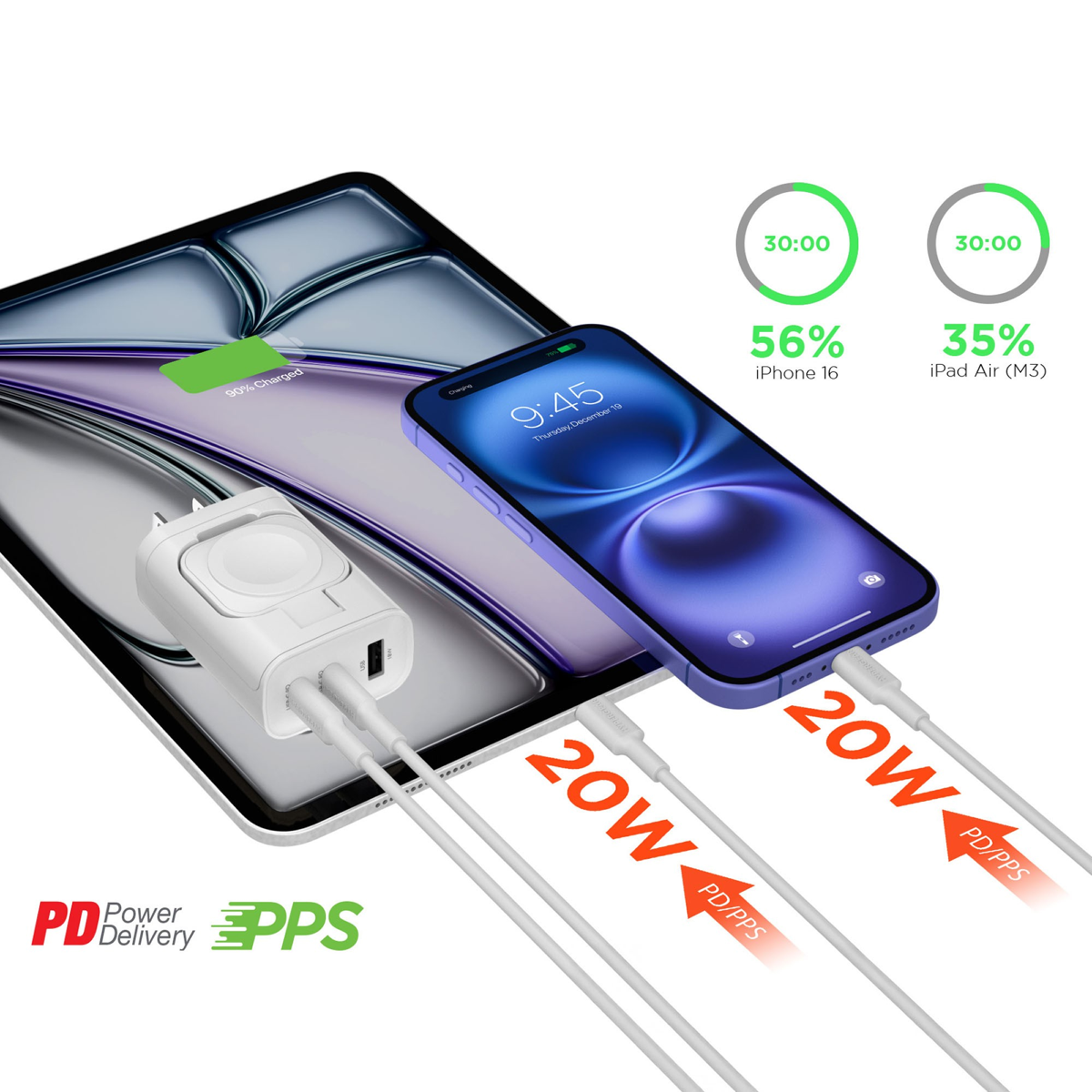 <p>Designed with Apple devices in mind, the HyperGear SpeedBoost 43W Multi-Port Charger features a built-in magnetic flip-up charging mount for Apple Watch and can power up four devices at once.</p>