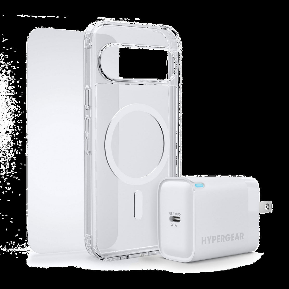 The HyperGear Accessory Bundle provides all the essentials to get started with a new phone: a clear MagSafe case, a screen protector, and a fast-charging 30W power adapter.