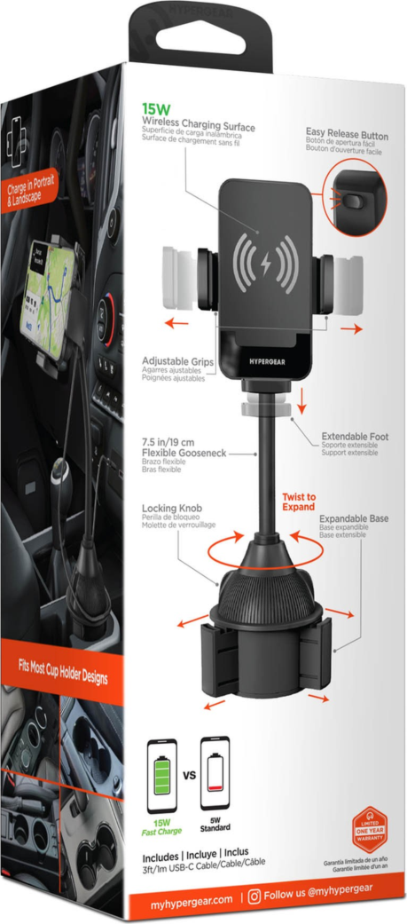 The HyperGear EZ Grip 15W Wireless Fast Charging Cup Holder Phone Mount securely holds and wirelessly fast charges compatible phones with adjustable cup holder mounting.