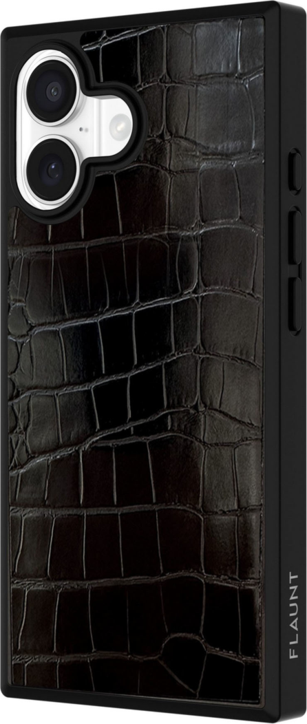 The FLAUNT SQUARE® Faux Leather case offers sleek, chic protection with a patent-pending square design and cushioned corners for enhanced shock absorption, featuring 12ft drop test protection.
