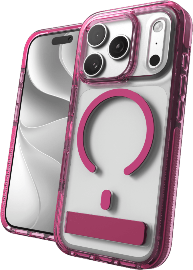 The ZAGG Santa Cruz Snap is a transparent case with pops of color that accent its design. It offers 13-foot drop protection, a sturdy kickstand that folds flush with the case, and is MagSafe compatible.