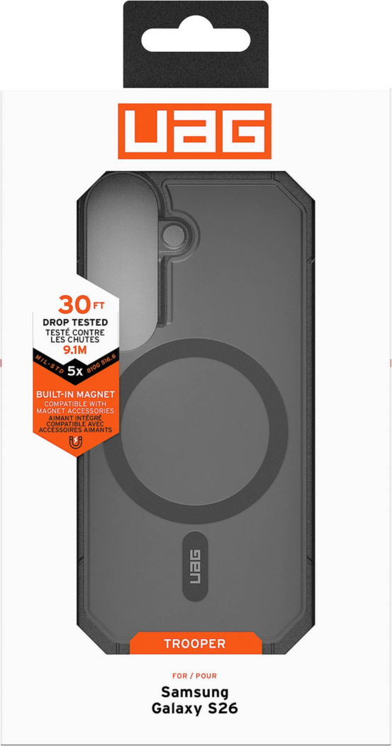 The UAG Trooper case offers 30ft drop protection, a 2-piece design, and a port cover to shield against the elements. Features a traction grip and a built-in magnet module.
