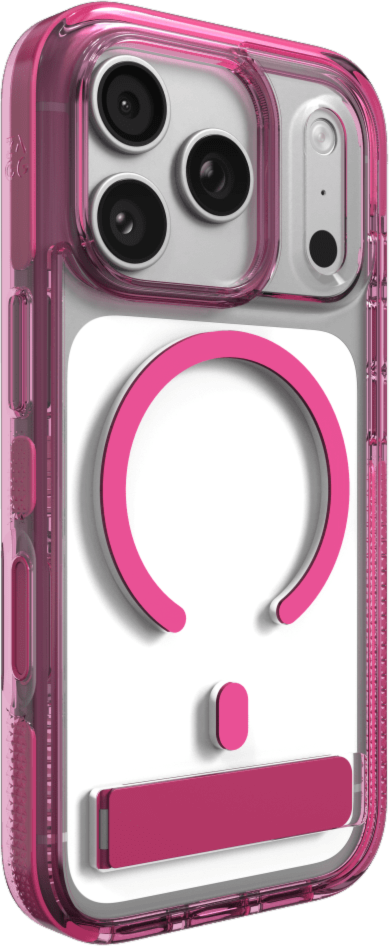 The ZAGG Santa Cruz Snap is a transparent case with pops of color that accent its design. It offers 13-foot drop protection, a sturdy kickstand that folds flush with the case, and is MagSafe compatible.