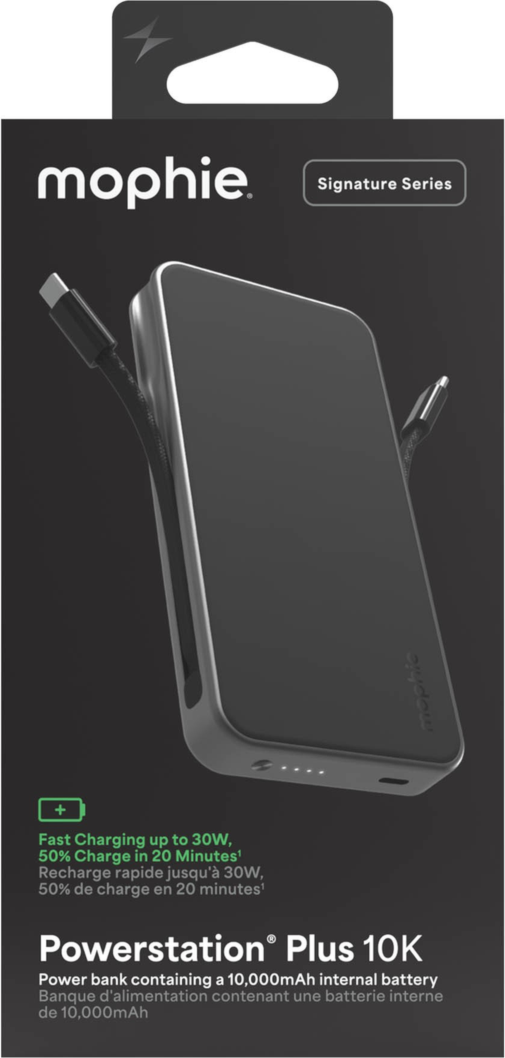 Mophie 10,000 mAh Powerstation Plus Ultra delivers up to 30W fast charging with two integrated USB-C cables, three-device charging, and a premium travel-ready design.