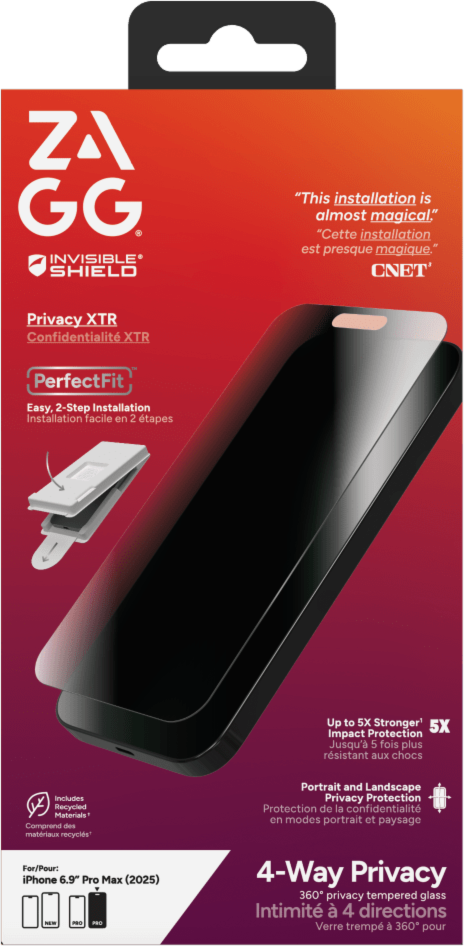 ZAGG 200118666 Protection D'écran de Confidentialité InvisibleShield Glass XTR 4 Voies pour iPhone 17 Pro Max