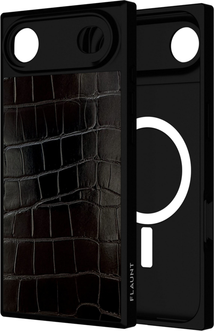 The FLAUNT SQUARE® Faux Leather case offers sleek, chic protection with a patent-pending square design and cushioned corners for enhanced shock absorption, featuring 12ft drop test protection.