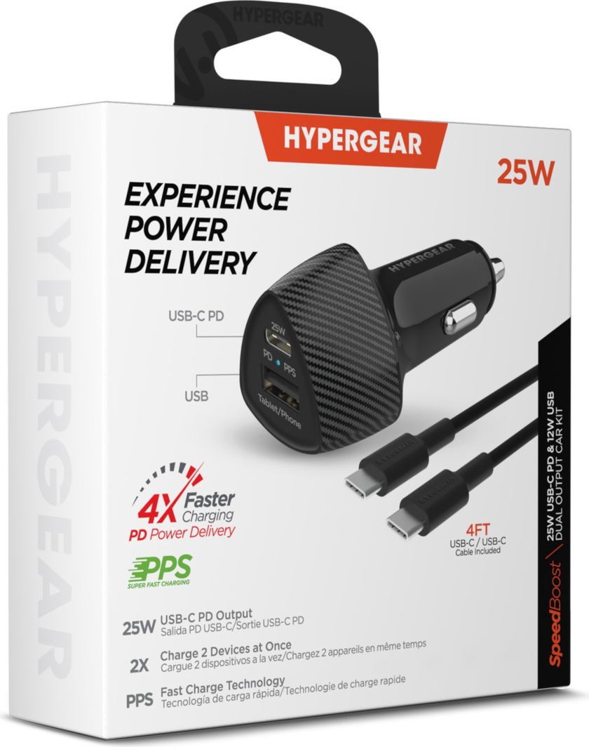 <p>This HyperGear SpeedBoost Car Charger can fast charge up to two devices at once with a 25W USB-C port and a 12W USB port. Includes a 4ft USB-C to USB-C cable.</p>