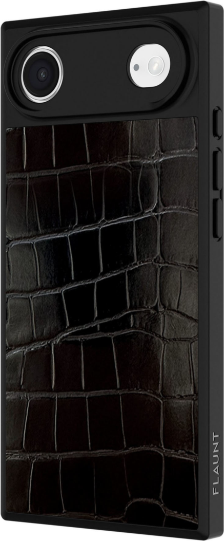 The FLAUNT SQUARE® Faux Leather case offers sleek, chic protection with a patent-pending square design and cushioned corners for enhanced shock absorption, featuring 12ft drop test protection.