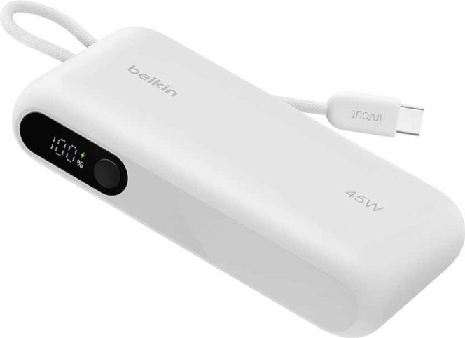 Belkin BPB029bkWH Batterie Externe Ultracharge 10.000 mAh 45W avec Affichage et Câble Intégré Blanc
