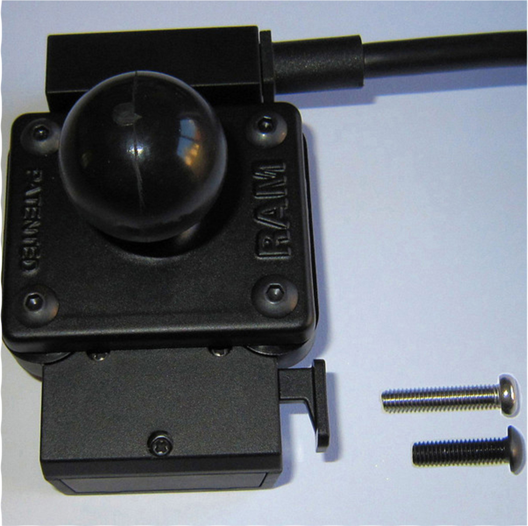 The RAM-B-347U base consists of a B size 1" diameter rubber ball connected to a 2" x 1.7" square base. The base has four pre-drilled holes at each corner, using the universal AMPS hole pattern.