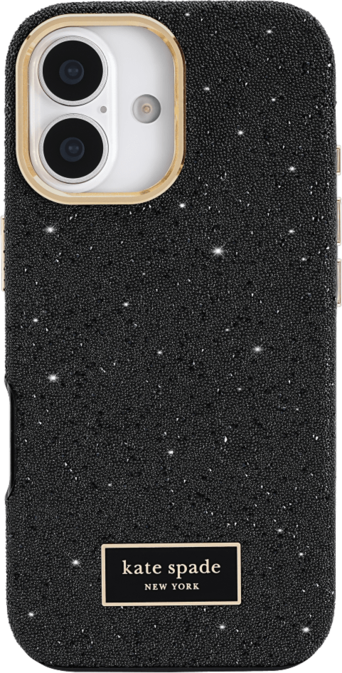 The kate spade new york Crystal Pavé Case is a stylish phone case featuring a black crystal pavé inlay with gold hardware, provides 12-foot drop protection and offers MagSafe compatibility.