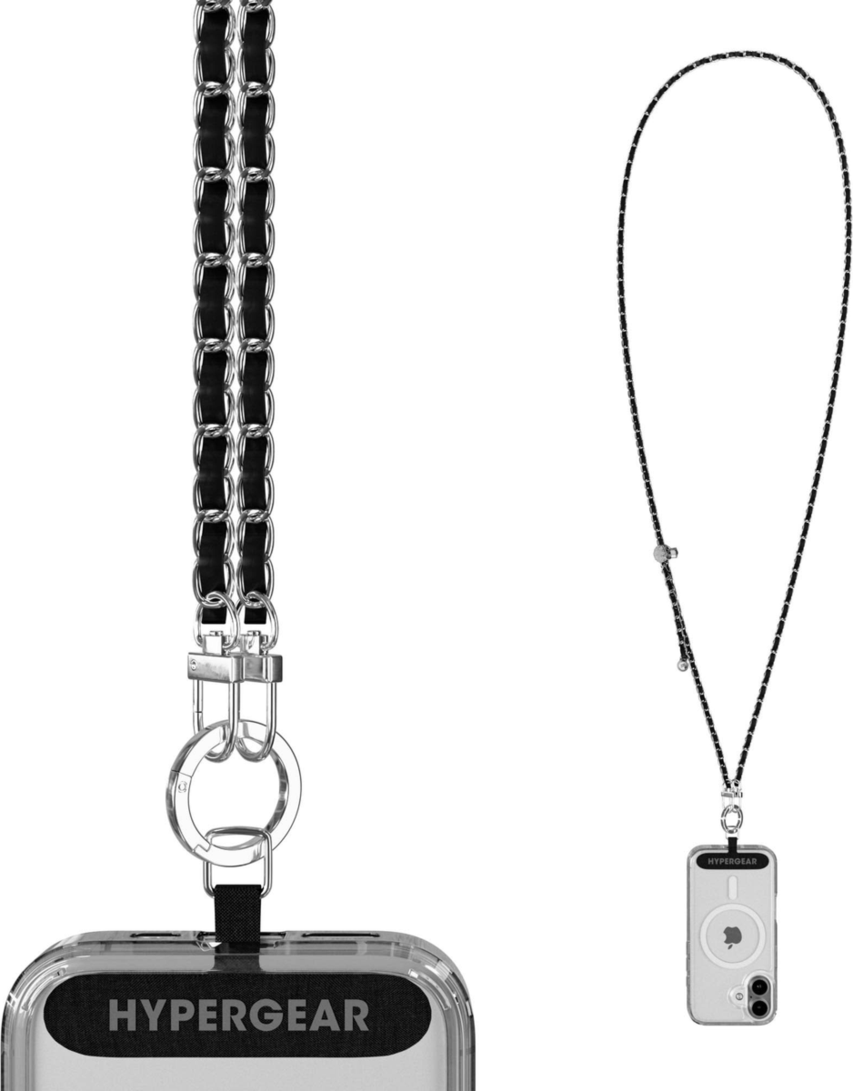 This HyperGear Universal Crossbody Phone Strap blends luxe vegan leather and a polished gold chain for a chic, hands-free carry. It offers a secure, undroppable, and adjustable fit for any phone.