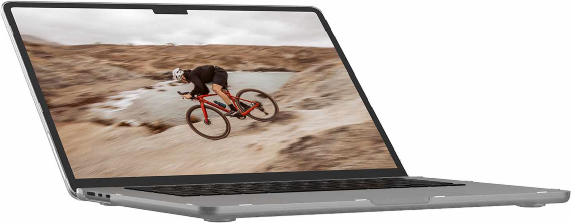 The UAG Essential Armor for Apple MacBooks is a one-piece, featherlight case featuring a translucent design, tactile grip, MIL-STD drop protection, and cooling vents for optimized performance.