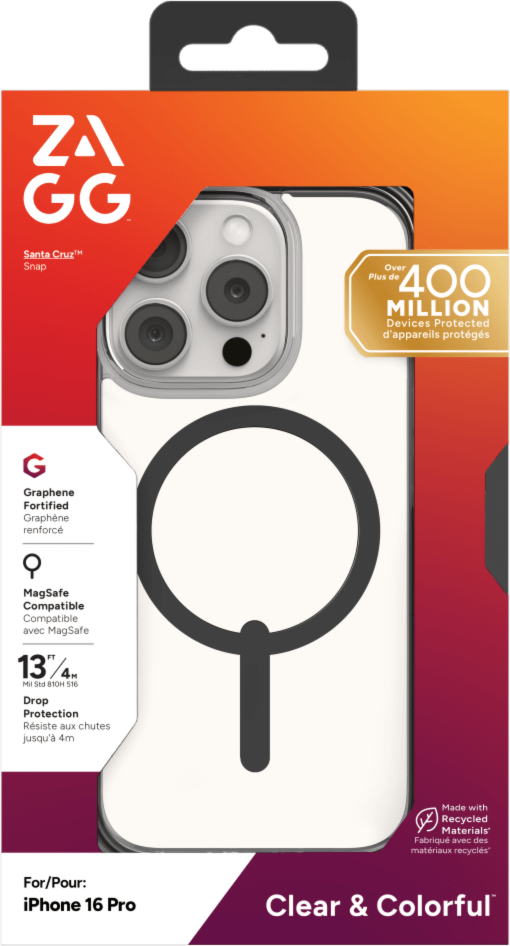 Strengthened with Graphene, ZAGG's Santa Cruz Snap series case combines an ultra-slim, premium looking design with 13 ft drop protection and seamless MagSafe compatibility.