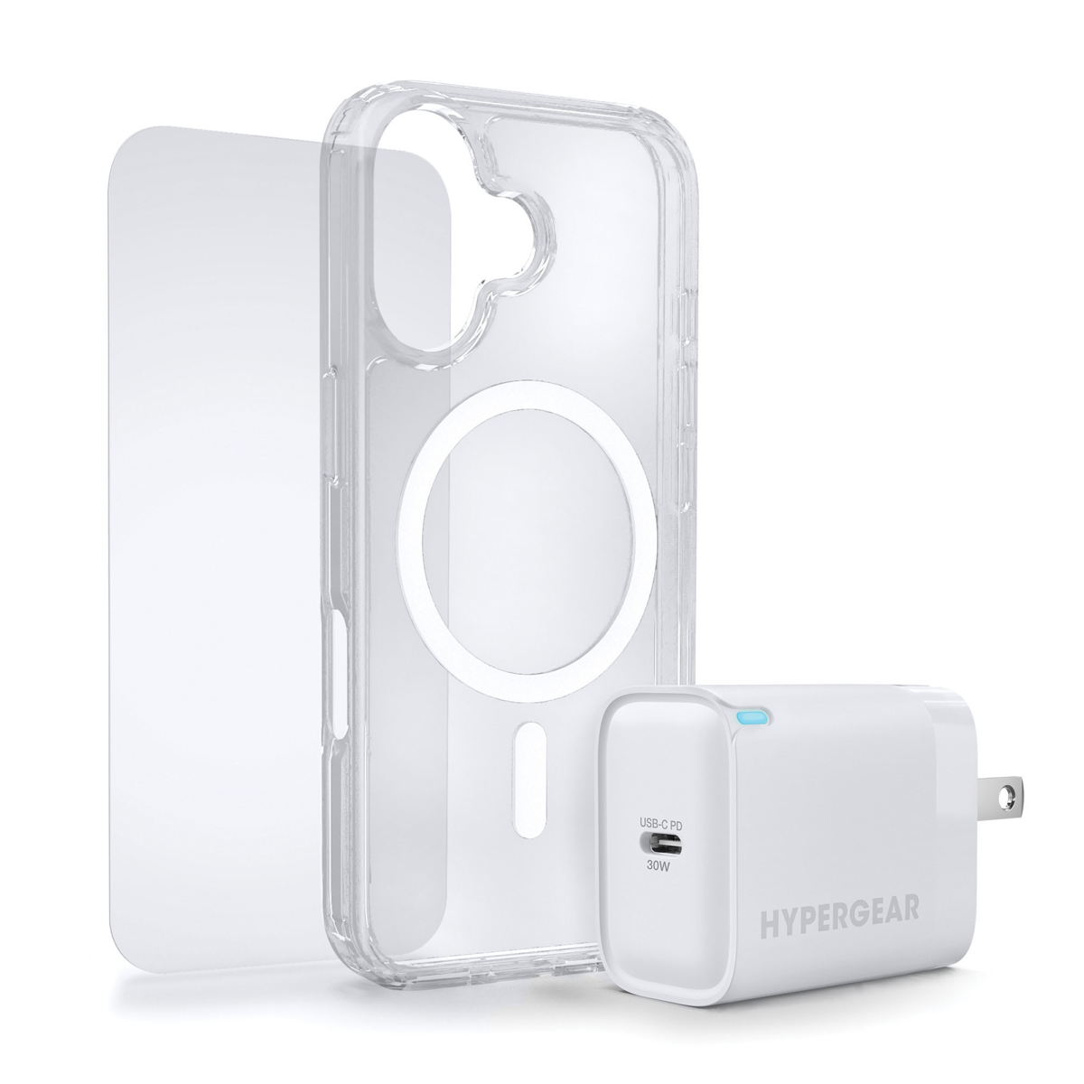 The HyperGear Accessory Bundle provides all the essentials to get started with a new phone: a clear MagSafe case, a screen protector, and a fast-charging 30W power adapter.