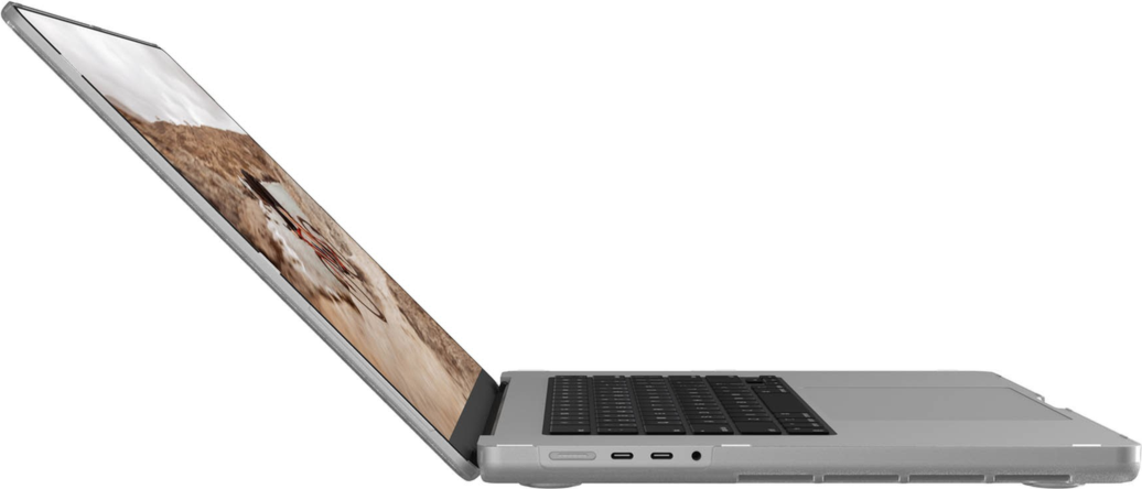 The UAG Essential Armor for Apple MacBooks is a one-piece, featherlight case featuring a translucent design, tactile grip, MIL-STD drop protection, and cooling vents for optimized performance.