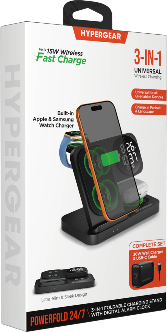 HyperGear PowerFold 24/7 Charging Stand combines wireless charging, a digital alarm clock, and a foldable stand design to keep devices powered and visible day or night.