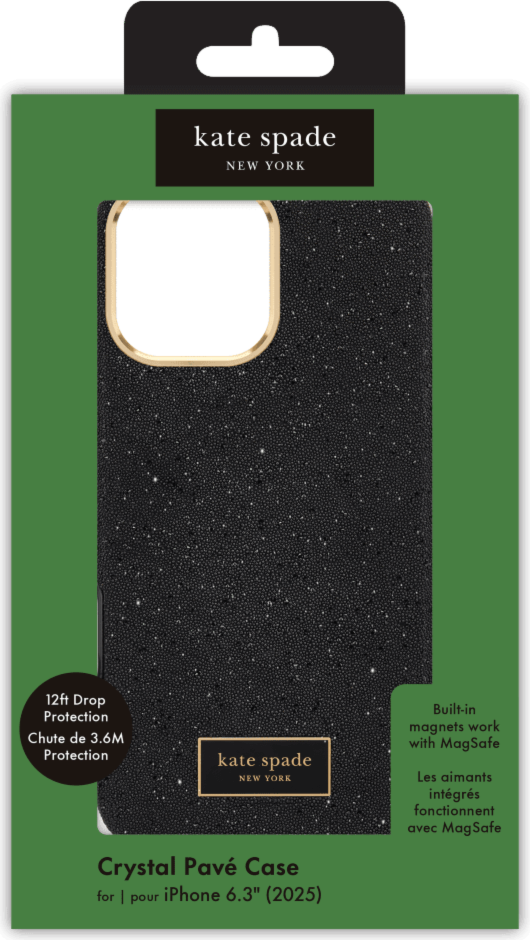 The kate spade new york Crystal Pavé Case is a stylish phone case featuring a black crystal pavé inlay with gold hardware, provides 12-foot drop protection and offers MagSafe compatibility.