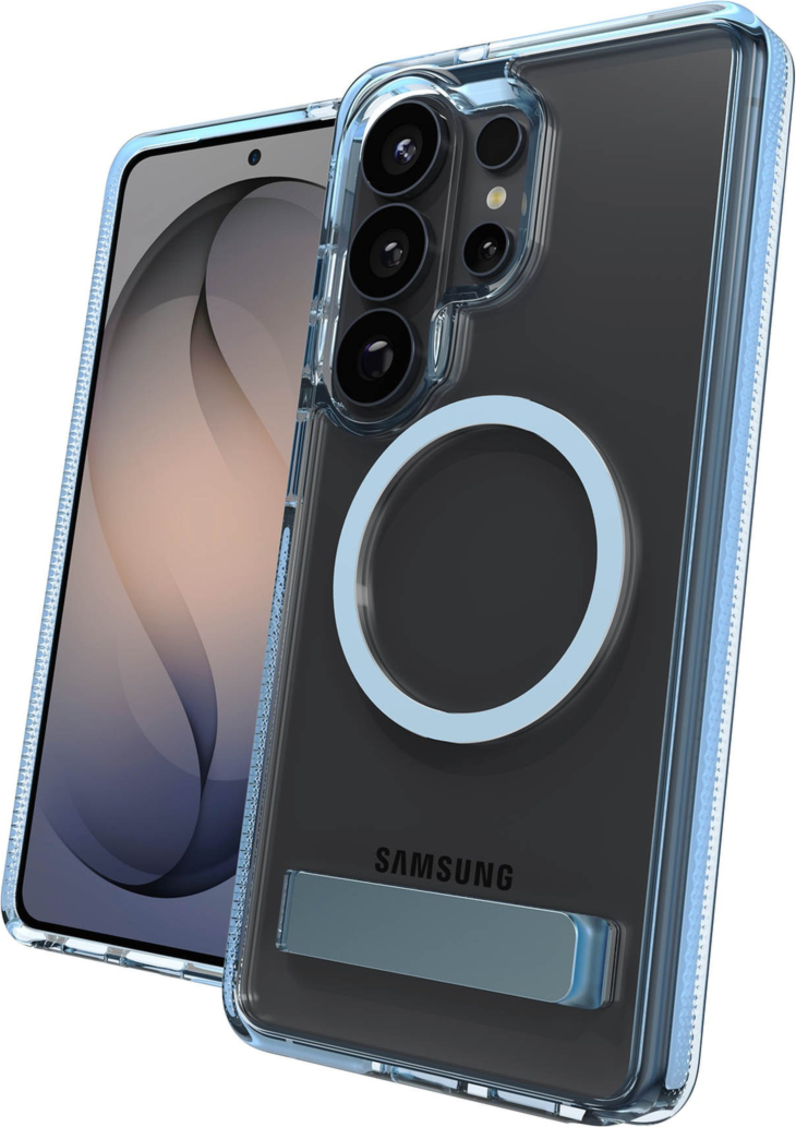 The ZAGG Santa Cruz Snap is a transparent case with pops of color that accent its design. It offers 13-foot drop protection, a sturdy kickstand that folds flush with the case.