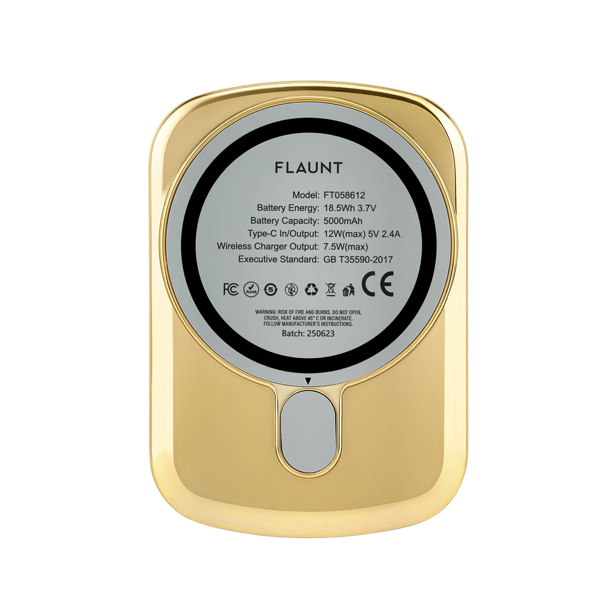 <p>The FLAUNT 5,000mAh Wireless MagSafe Battery Pack in Metallic Gold delivers sleek, magnetic charging with a slim design and LED battery indicator.</p>
