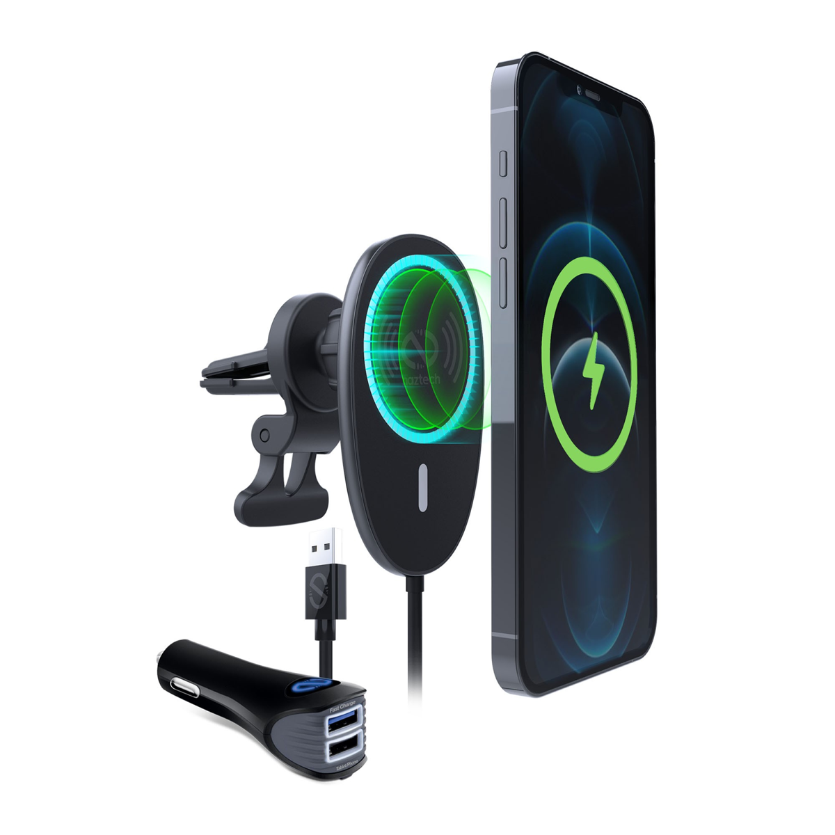 The Naztech MagLock Vent Mount delivers fast wireless charging for MagSafe iPhones with a secure magnetic grip and vent-friendly stability features for safer hands-free driving.