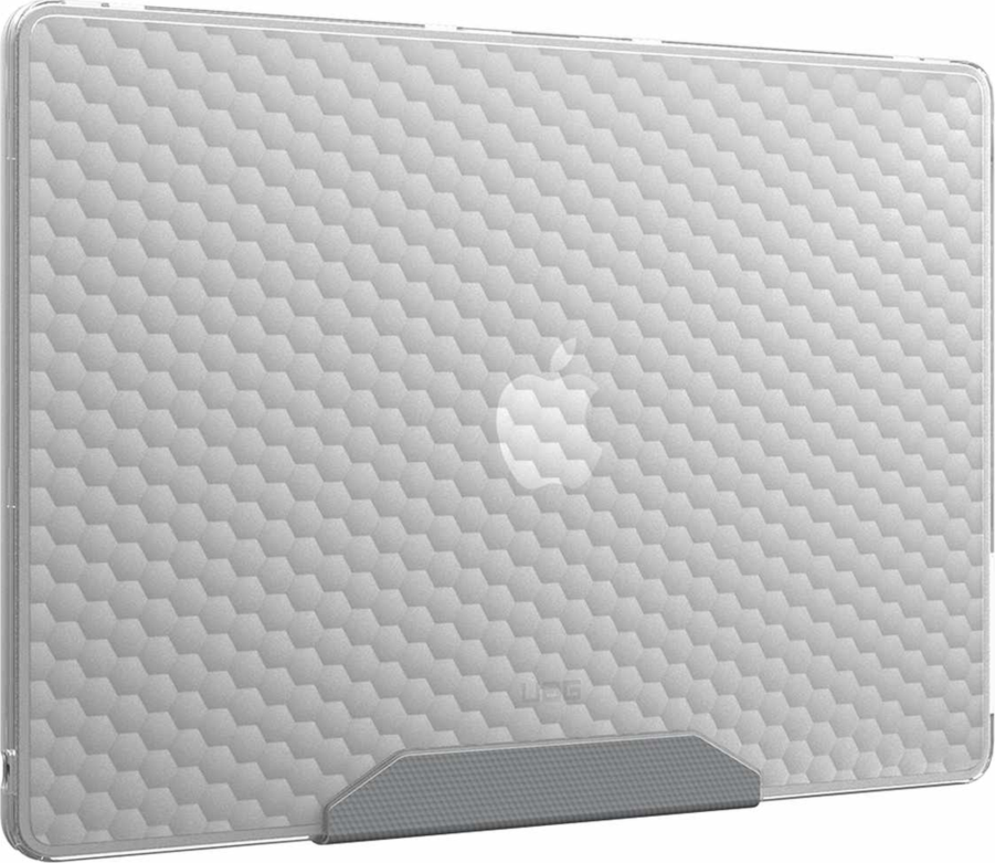 The UAG Essential Armor for Apple MacBooks is a one-piece, featherlight case featuring a translucent design, tactile grip, MIL-STD drop protection, and cooling vents for optimized performance.