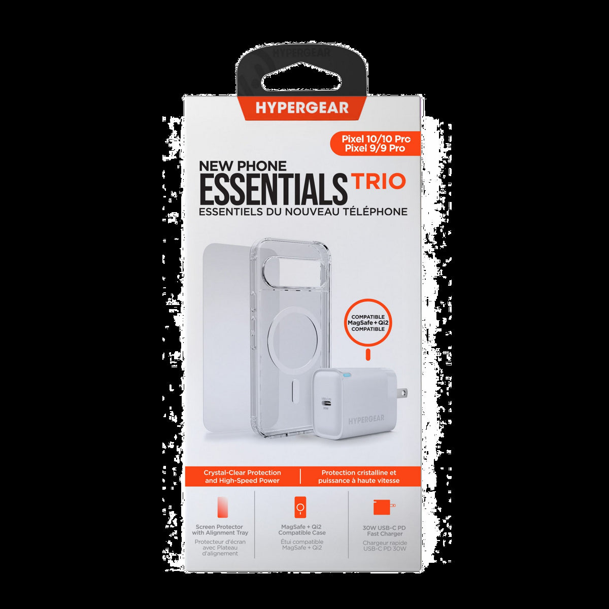 The HyperGear Accessory Bundle provides all the essentials to get started with a new phone: a clear MagSafe case, a screen protector, and a fast-charging 30W power adapter.