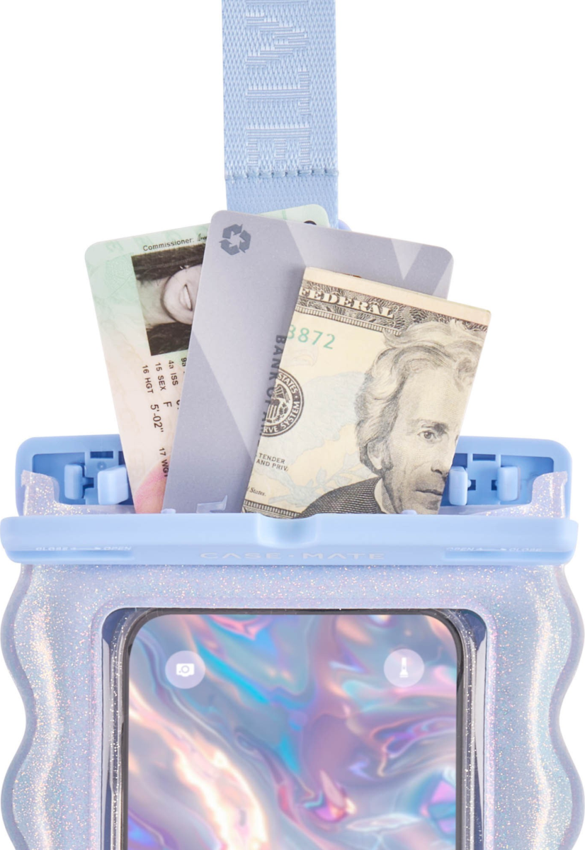 <p>The Case-Mate Floating Phone Pouch features a stylish twinkling glitter design and IP68 waterproof protection, allowing for underwater photos and easy touchscreen access.</p>