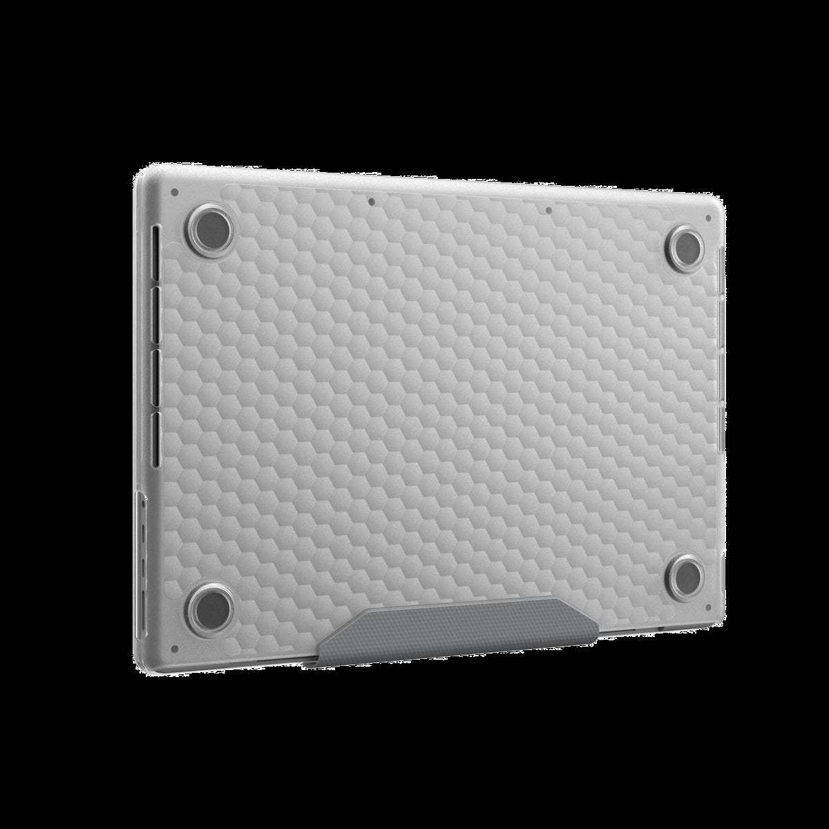 The UAG Essential Armor for Apple MacBooks is a one-piece, featherlight case featuring a translucent design, tactile grip, MIL-STD drop protection, and cooling vents for optimized performance.