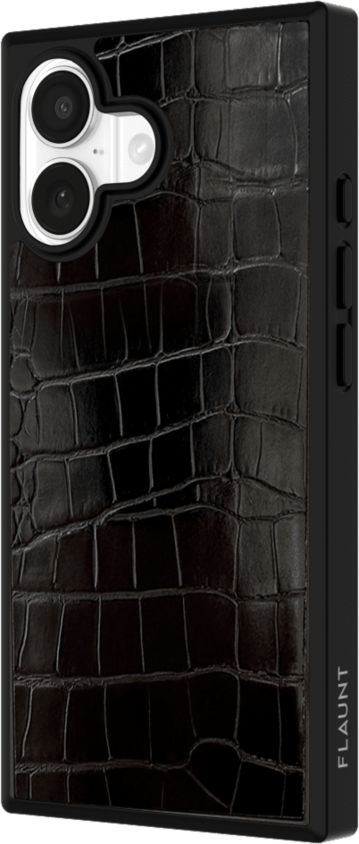 The FLAUNT SQUARE® Faux Leather case offers sleek, chic protection with a patent-pending square design and cushioned corners for enhanced shock absorption, featuring 12ft drop test protection.