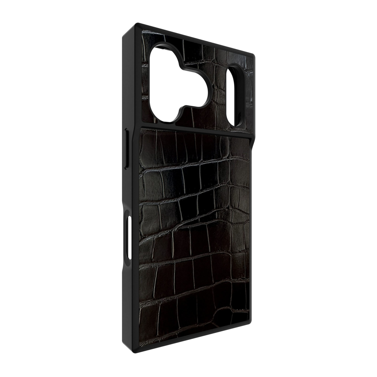 The FLAUNT SQUARE® Faux Leather case offers sleek, chic protection with a patent-pending square design and cushioned corners for enhanced shock absorption, featuring 12ft drop test protection.