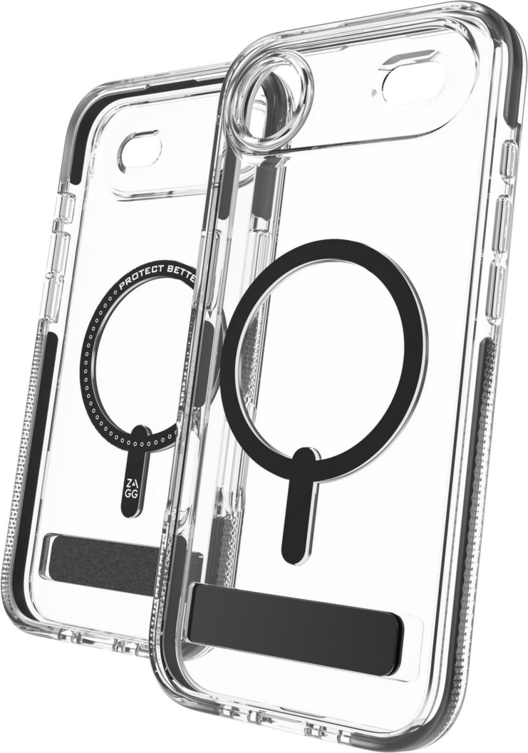 The ZAGG Santa Cruz Snap is a transparent case with pops of color that accent its design. It offers 13-foot drop protection, a sturdy kickstand that folds flush with the case, and is MagSafe compatible.