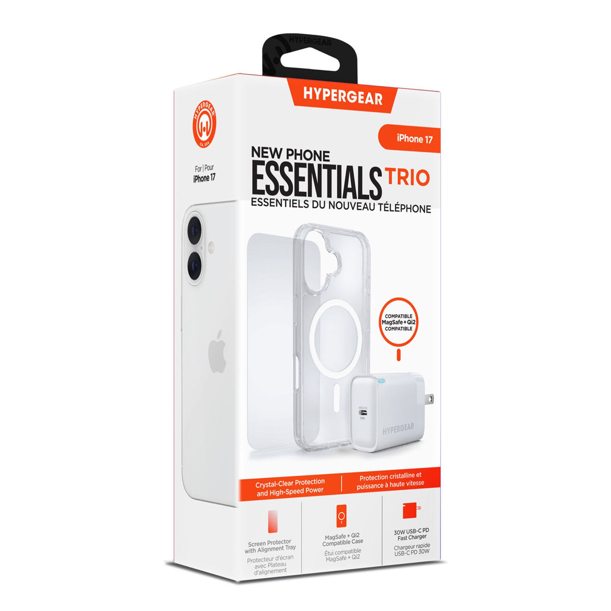 The HyperGear Accessory Bundle provides all the essentials to get started with a new phone: a clear MagSafe case, a screen protector, and a fast-charging 30W power adapter.