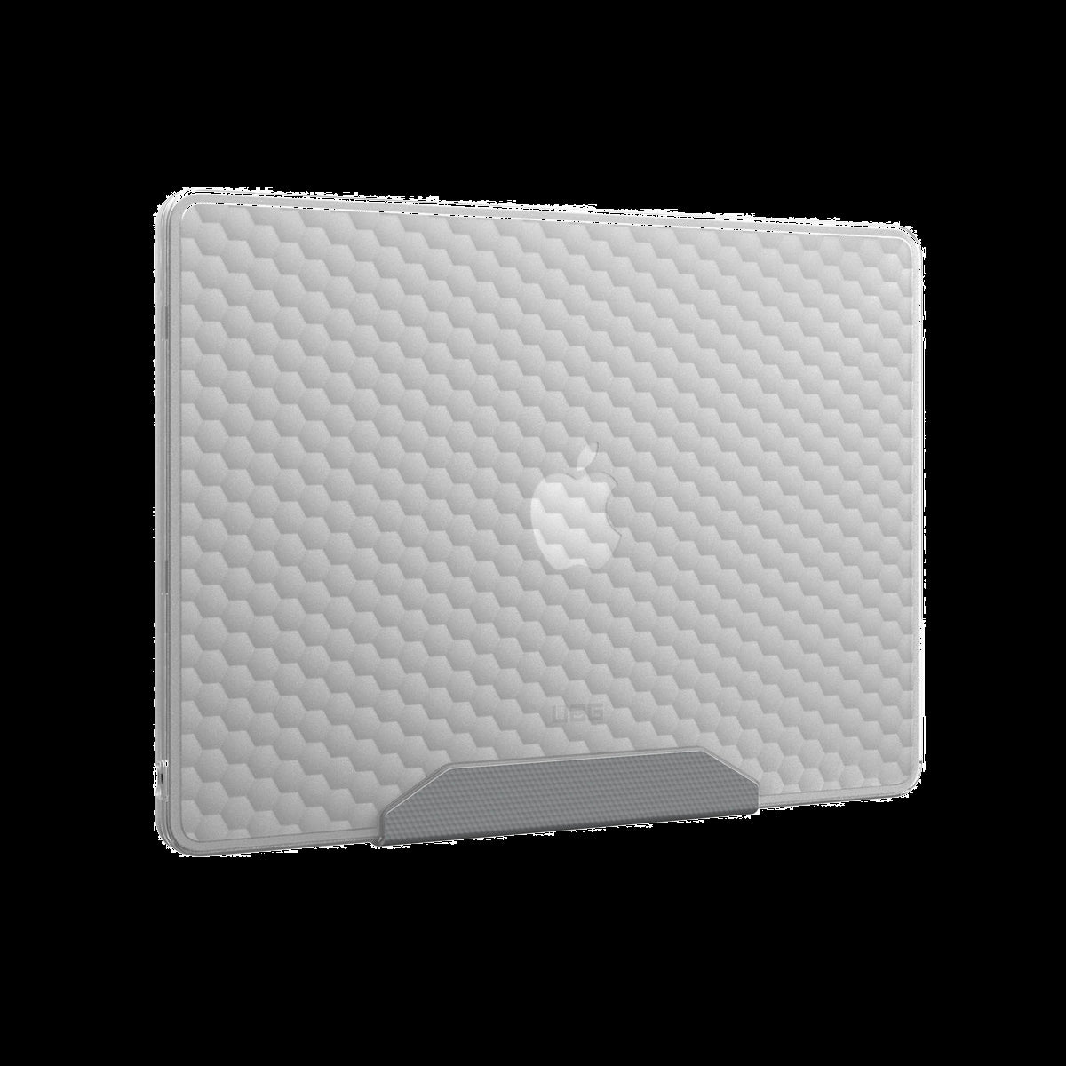 The UAG Essential Armor for Apple MacBooks is a one-piece, featherlight case featuring a translucent design, tactile grip, MIL-STD drop protection, and cooling vents for optimized performance.
