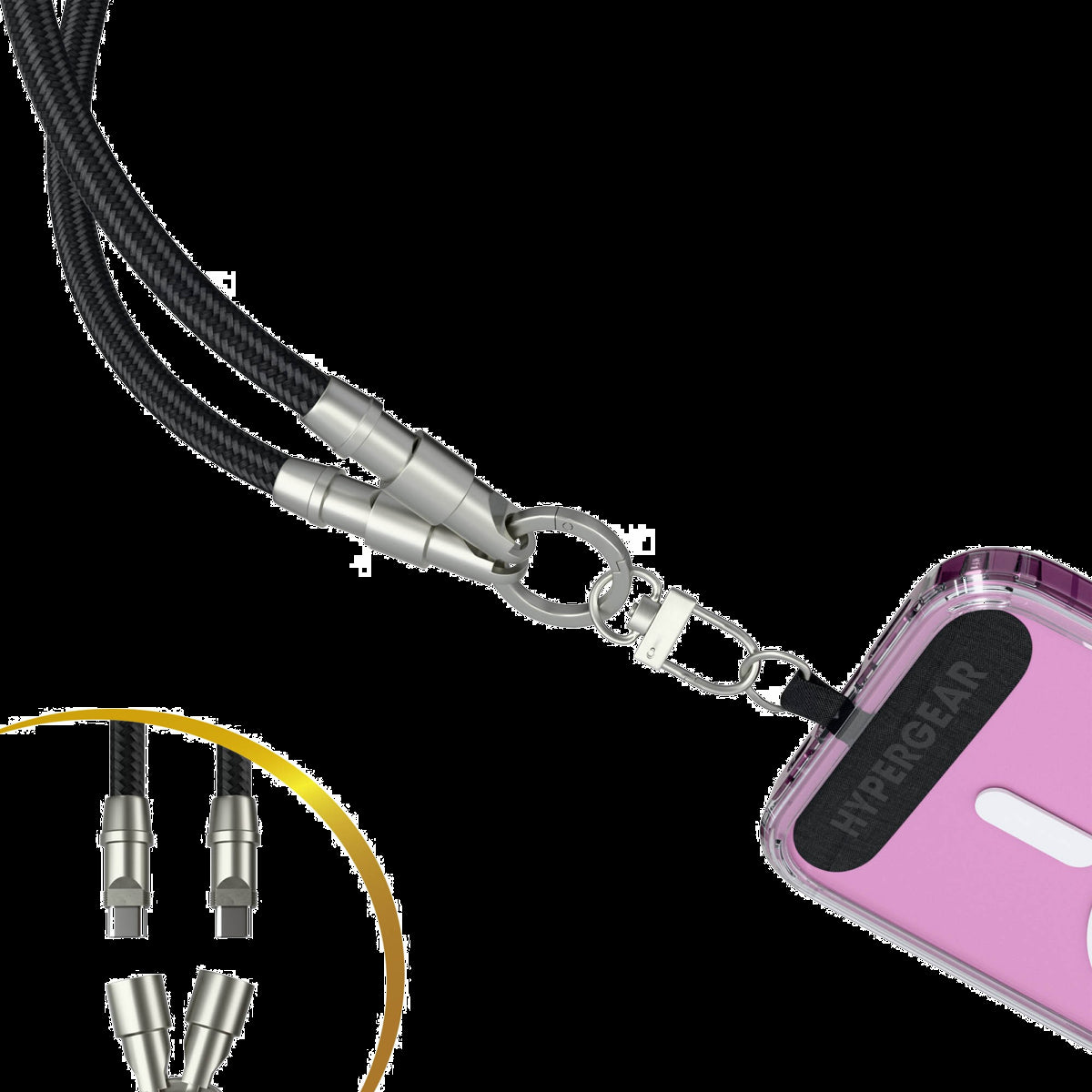 This 2-in-1 HyperGear Crossbody Phone Strap combines a comfortable braided rope with a hidden USB-C charging cable for accessible power. It offers a secure, hands-free way to carry any phone.