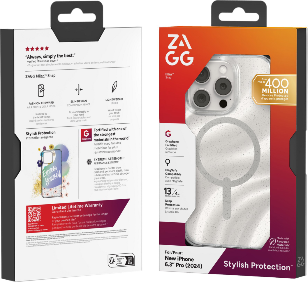 Strengthened with Graphene, ZAGG's Milan Snap series case is a perfect combination of fashion and tech - from the dazzling design to 13 ft drop protection and seamless MagSafe compatibility.