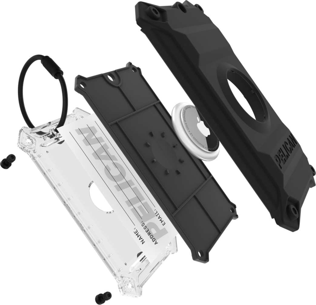 The Pelican Protector Luggage Tag offers rugged, military-grade protection for an AirTag and name card within its screw-secured, steel-reinforced hardshell with detachable stainless steel cable.