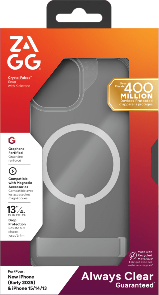 Strengthened with Graphene, ZAGG's Crystal Palace Snap series case with kickstand combines an ultra-slim, crystal-clear profile with up to 13 ft drop protection and seamless MagSafe compatibility.