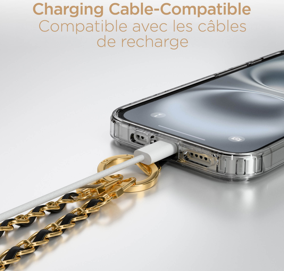 This HyperGear Universal Crossbody Phone Strap blends luxe vegan leather and a polished gold chain for a chic, hands-free carry. It offers a secure, undroppable, and adjustable fit for any phone.