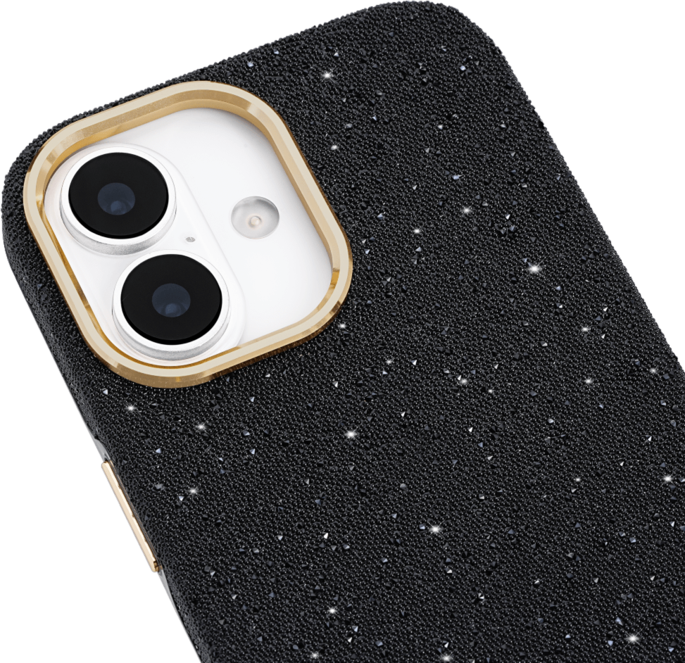 The kate spade new york Crystal Pavé Case is a stylish phone case featuring a black crystal pavé inlay with gold hardware, provides 12-foot drop protection and offers MagSafe compatibility.