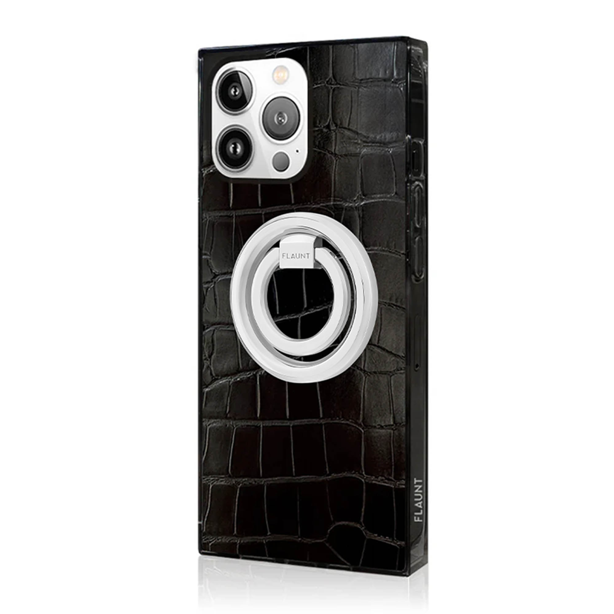 <p>The FLAUNT Magnetic Ring Stand features premium silver hardware and a 360-degree rotating grip. Works with MagSafe-compatible devices and cases, offering a secure hold and a hands-free stand.</p>