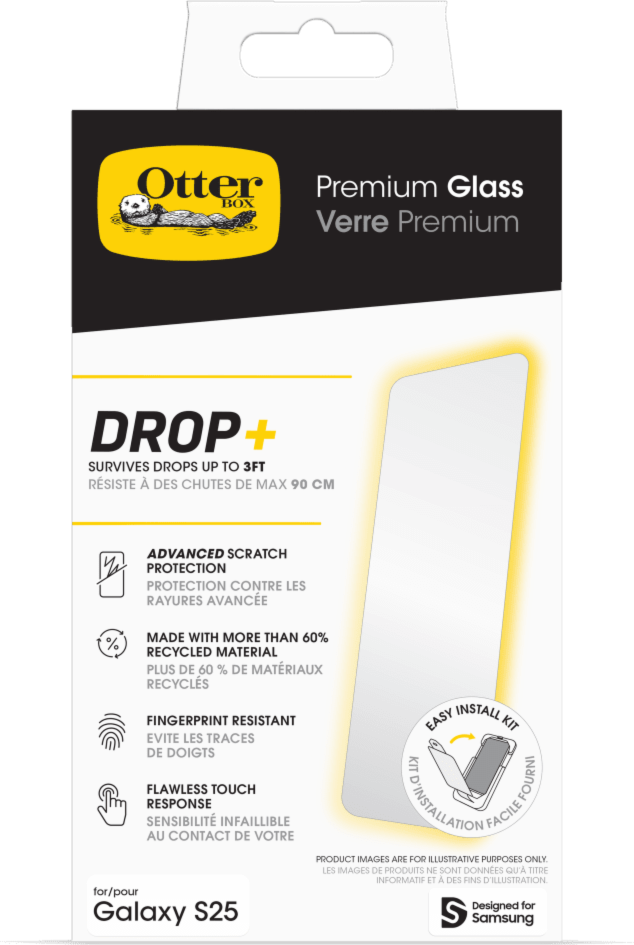 The ultra-thin and crystal-clear OtterBox Premium Glass Screen Protector is shatter and drop resistant for up to 3ft.