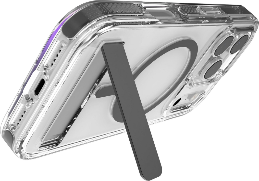 The ZAGG Santa Cruz Snap is a transparent case with pops of color that accent its design. It offers 13-foot drop protection, a sturdy kickstand that folds flush with the case, and is MagSafe compatible.