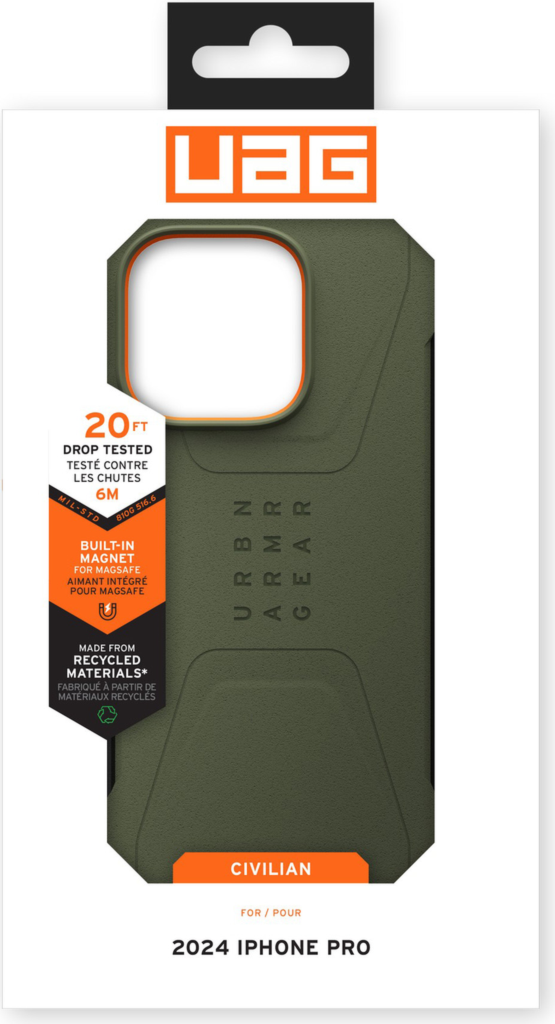 The modern yet rugged UAG Civilian case features shock absorbing construction in a lightweight design that is compatible with MagSafe charging.