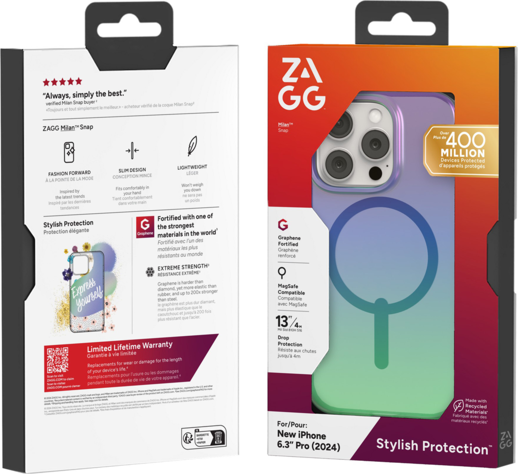 Strengthened with Graphene, ZAGG's Milan Snap series case is a perfect combination of fashion and tech - from the dazzling design to 13 ft drop protection and seamless MagSafe compatibility.
